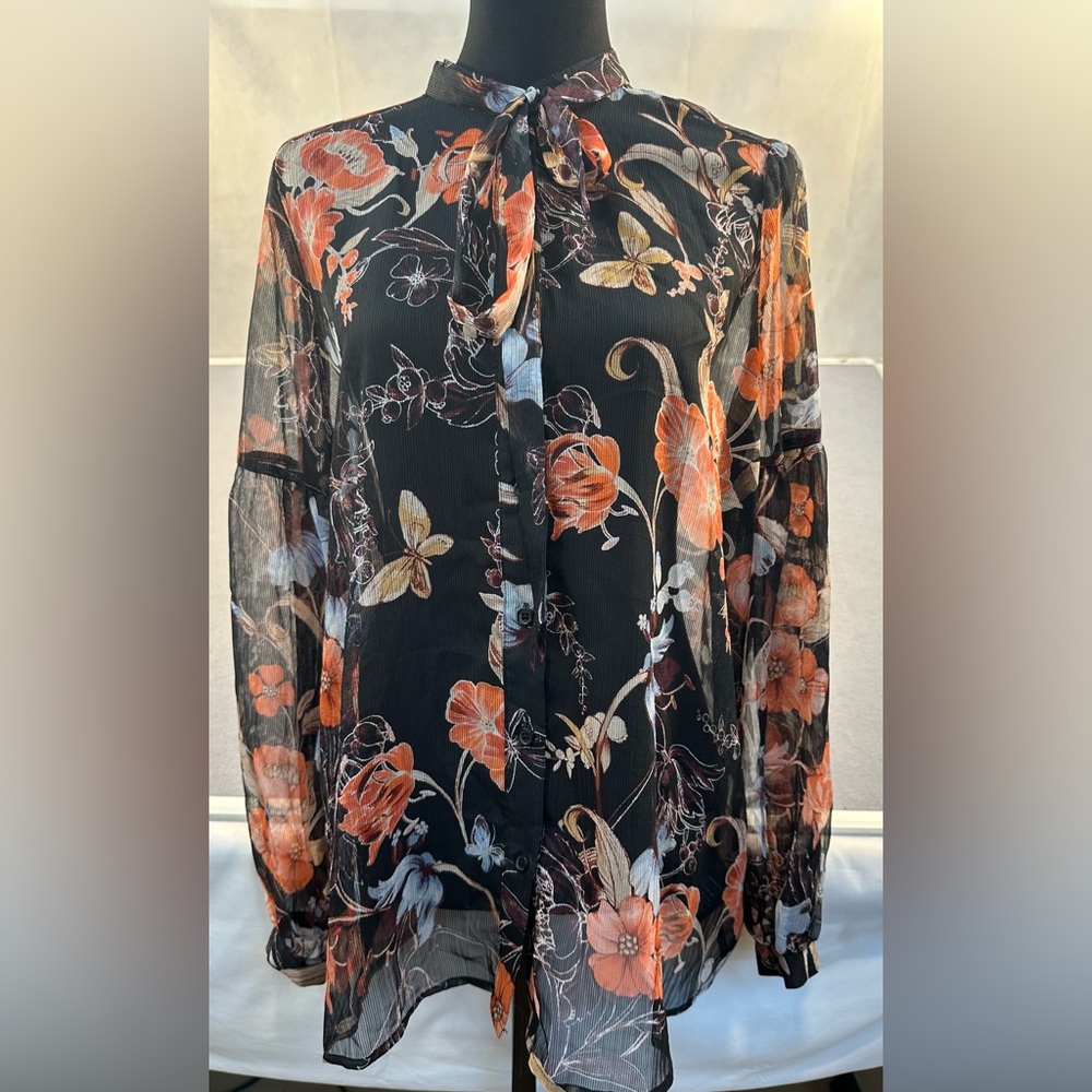 Who What Wear Women’s Boho Sheer Black and Orange Floral Blouse Size L